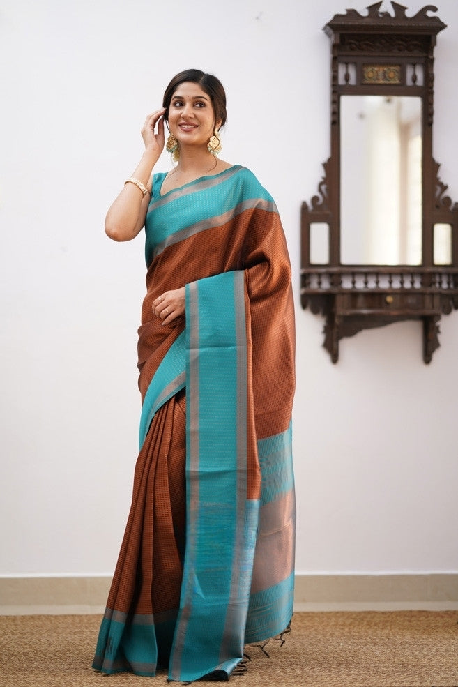 Coffee Brown & Aqua Blue Soft Silk Saree with Elegant Contrast Border