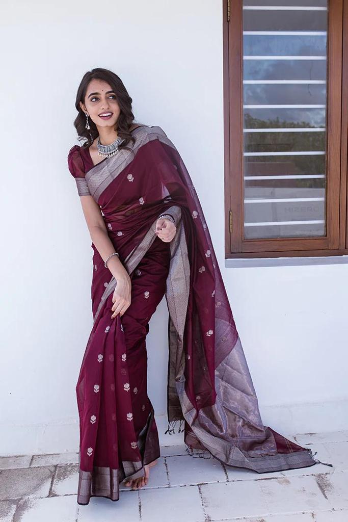 Women's Emerald Wine Saree with Silver Zari Border