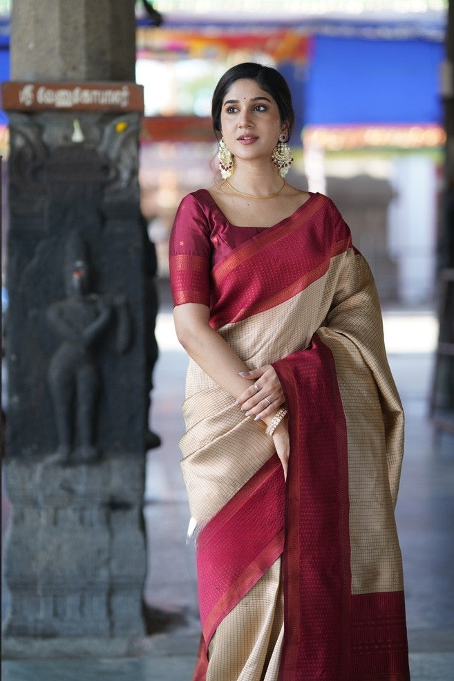 Beige Gold Banarasi Silk Saree with Maroon Contrast Border