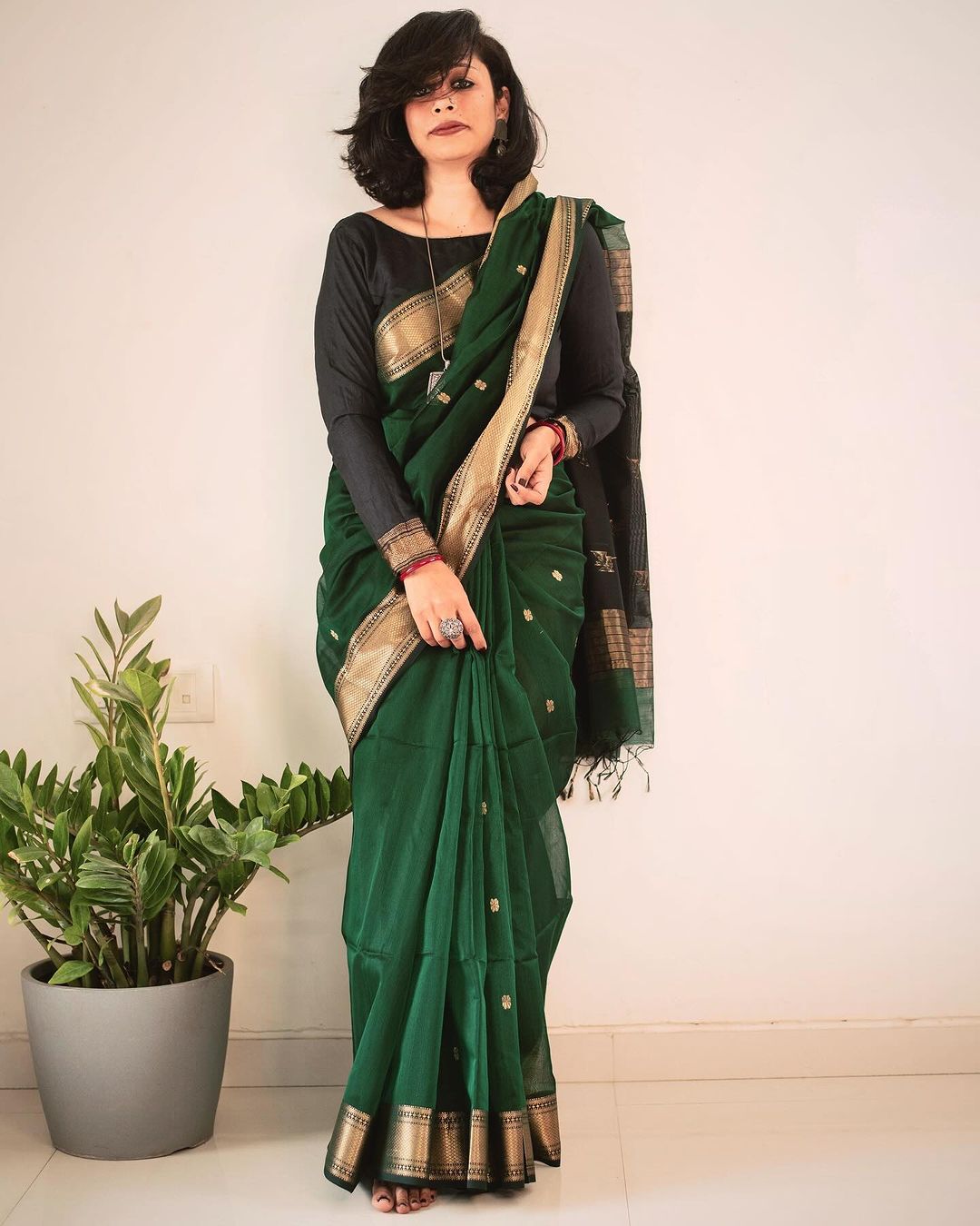 Women's Dark Green Silk Saree with Golden Zari Border