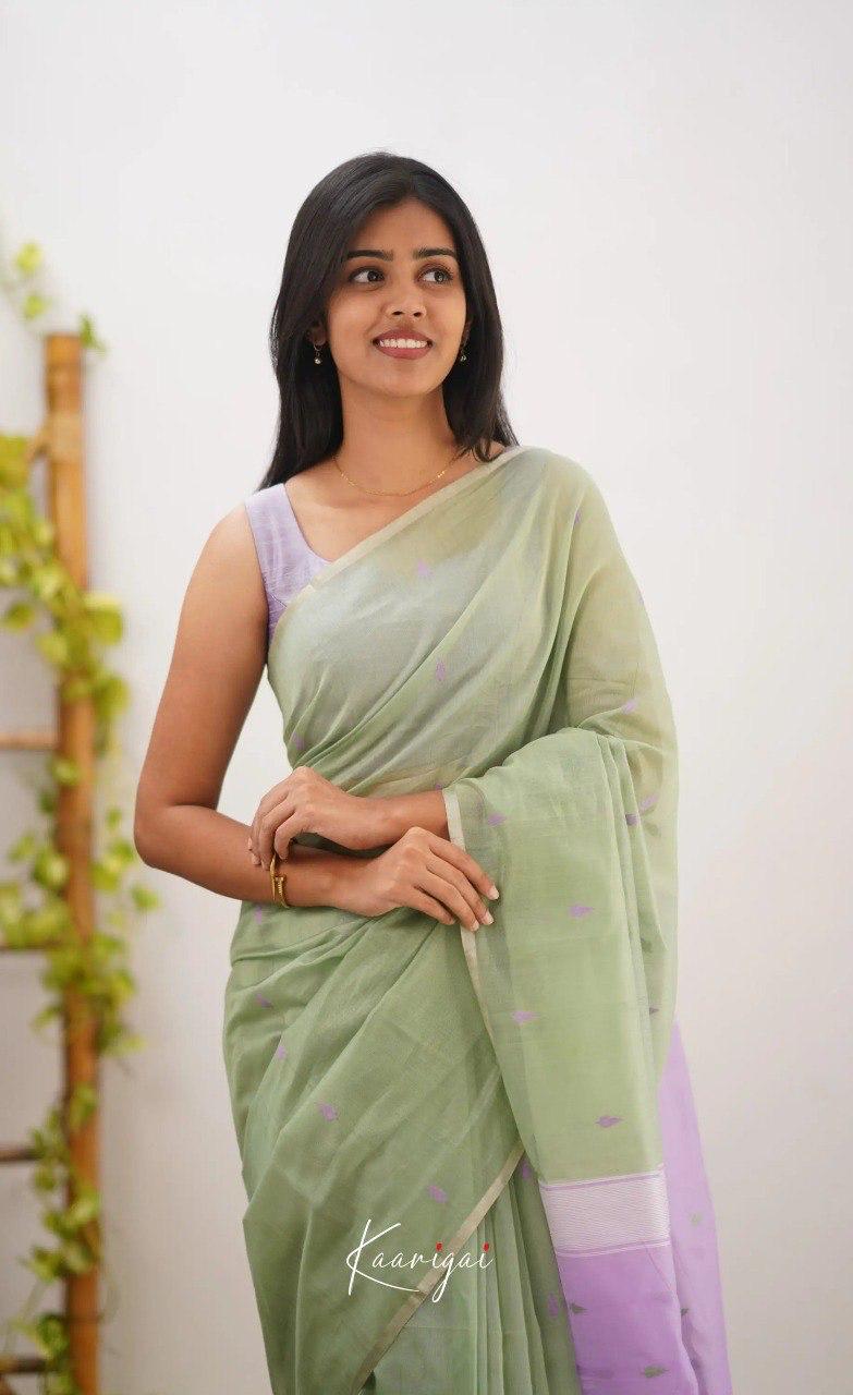 Women's Sage Green Organza Saree with Delicate Woven Motifs & Lavender Contrast Pallu