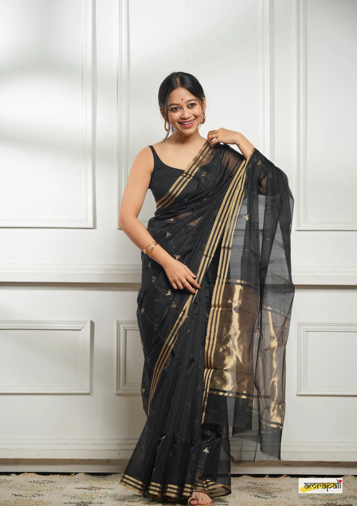 Women's Black Organza Saree with Golden Border