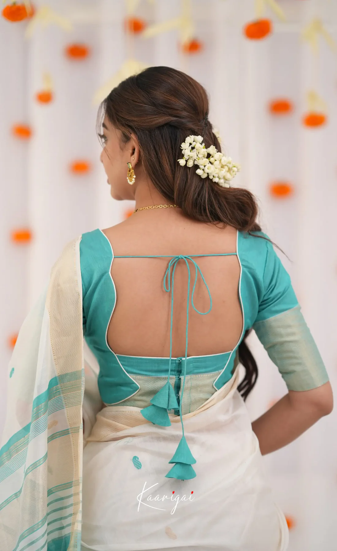 Women's White & Aqua Blue Border Saree