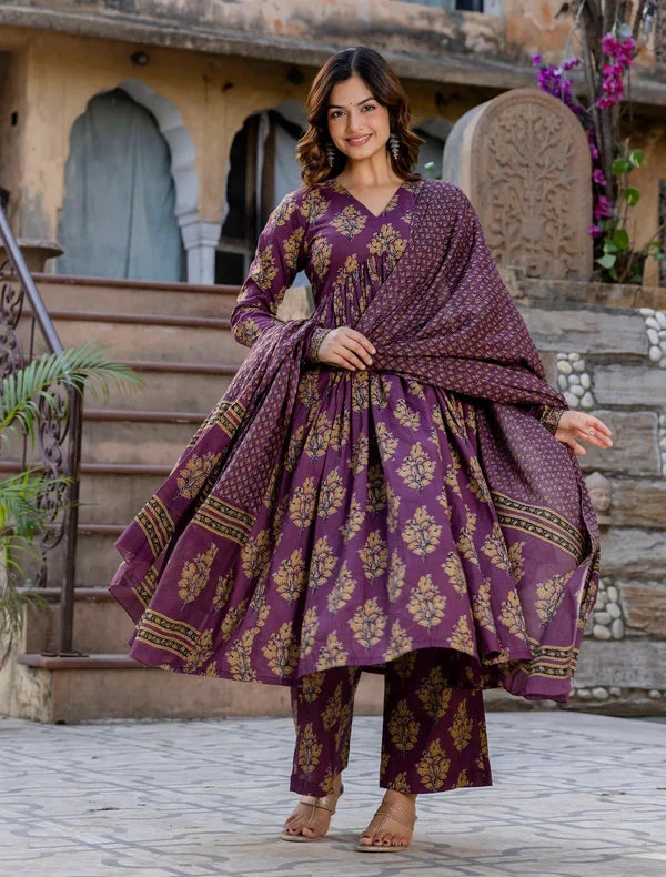 Wine Purple Floral Printed Anarkali Kurta Set with Dupatta – Elegant Festive Wear