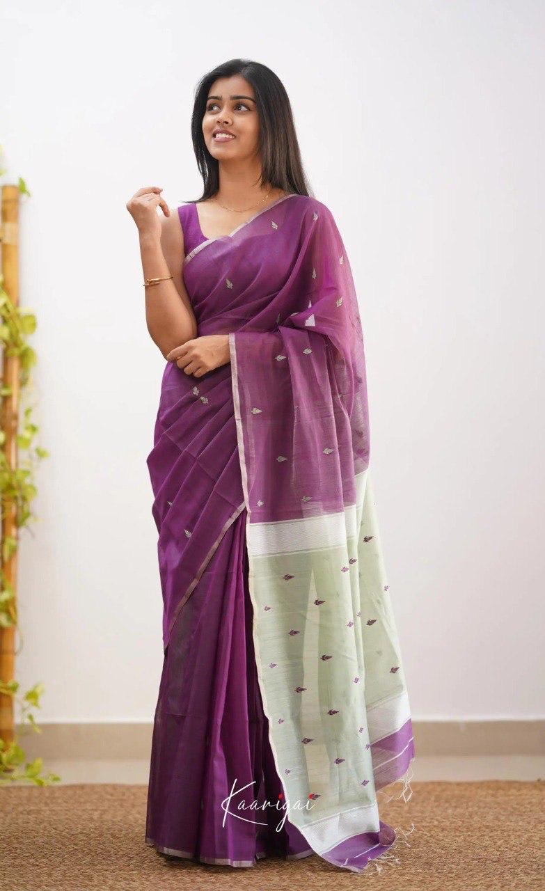 Women's Purple Organza Saree with Delicate Woven Motifs & Contrast Ivory Pallu
