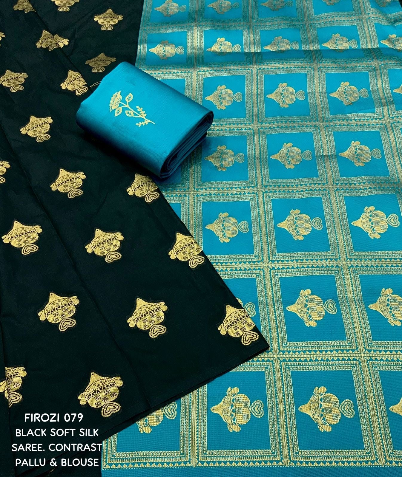 Women's Black Silk Blend Saree with Gold Woven Motifs & Turquoise Blue Contrast Pallu