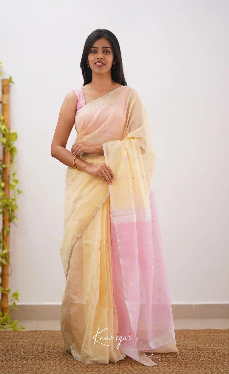 Women's Cream Organza Saree with Soft Pink Contrast Pallu & Delicate Woven Motifs