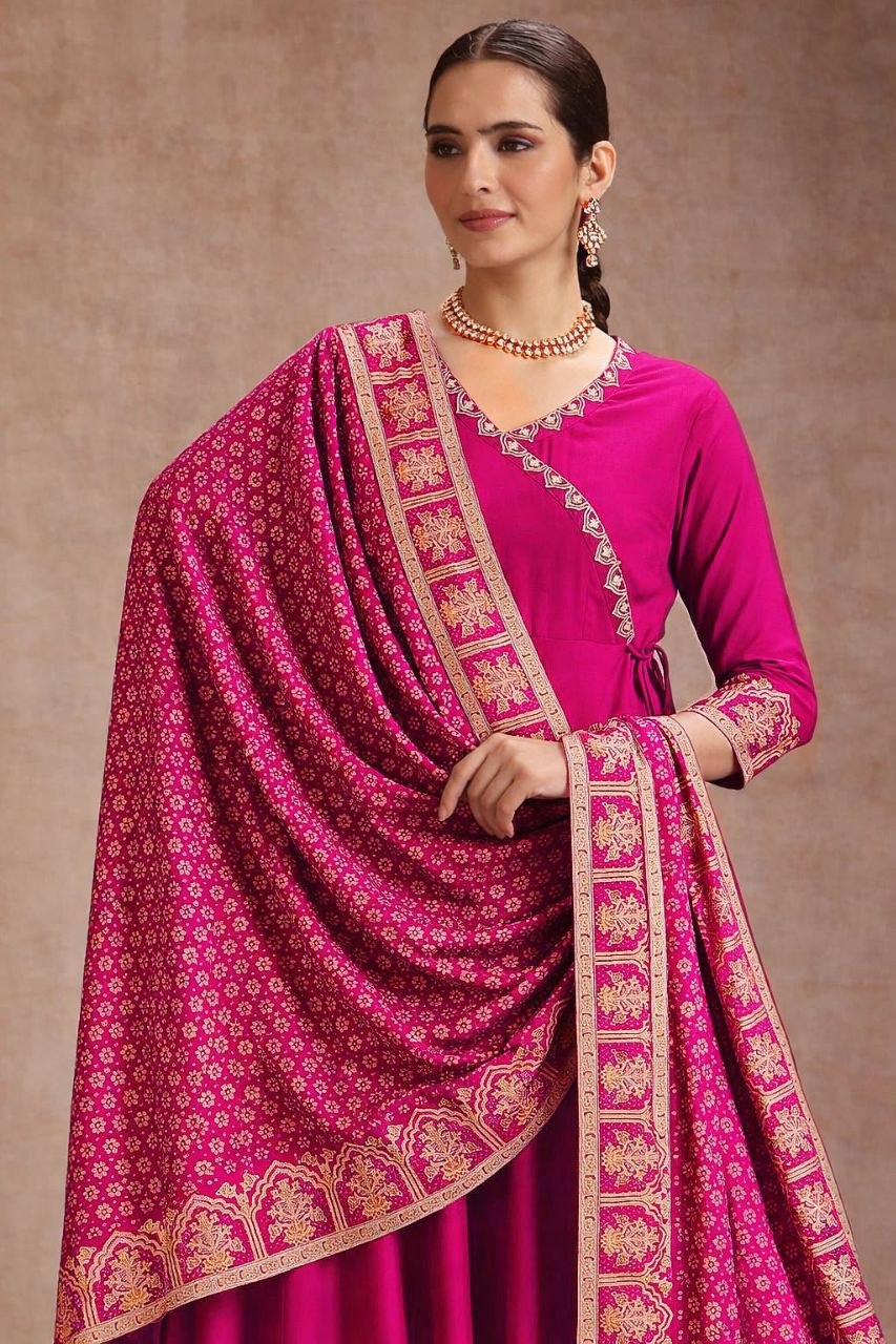 Women’s Magenta Embroidered Anarkali Suit Set with Printed Dupatta