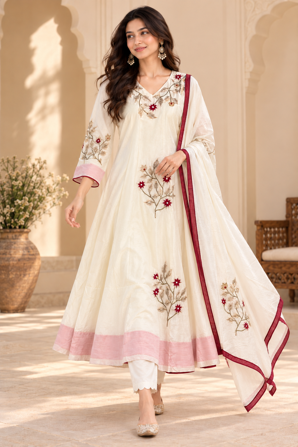 Ivory Floral Embroidered Anarkali Suit Set with Dupatta
