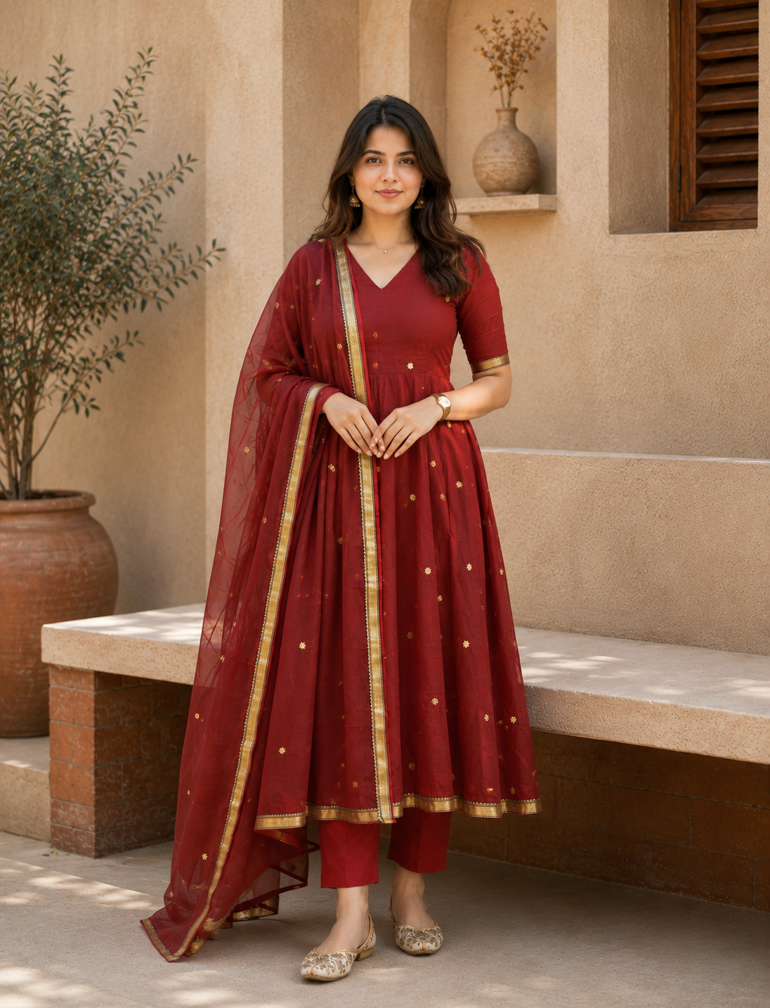Premium Maroon Gold Embroidered Anarkali Suit Set with Dupatta for Women