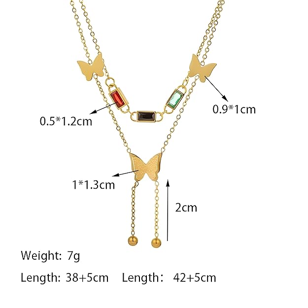 Rectangular Colourful Zircon Butterfly Tassel Penant Double Layer Collar Chain Zircon Gold-plated Plated Stainless Steel Necklace