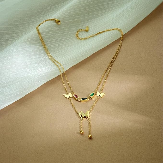 Rectangular Colourful Zircon Butterfly Tassel Penant Double Layer Collar Chain Zircon Gold-plated Plated Stainless Steel Necklace