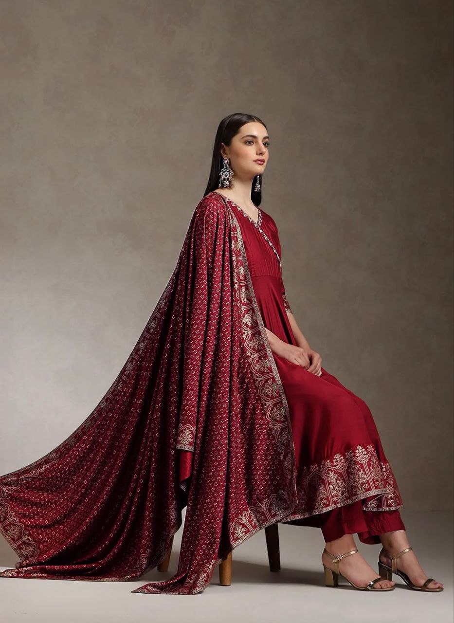 Women’s Wine Maroon Printed Anarkali Suit Set with Designer Dupatta