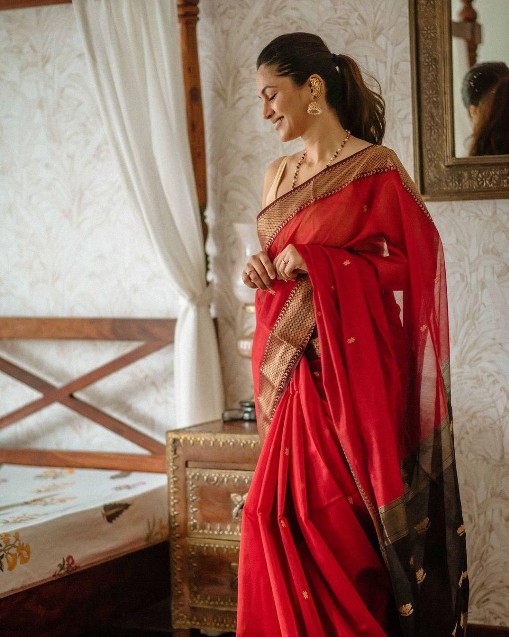 Women's Ruby Red Silk Saree with Golden Zari Border