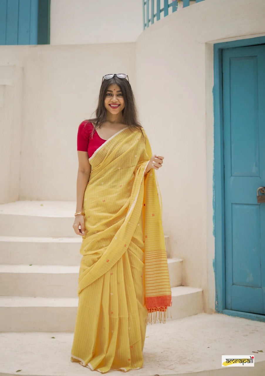 Women's Elegant Yellow Striped Saree with Contrast Red Blouse