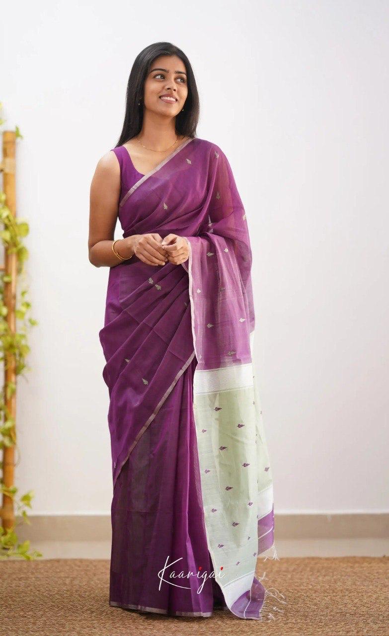Women's Purple Organza Saree with Delicate Woven Motifs & Contrast Ivory Pallu