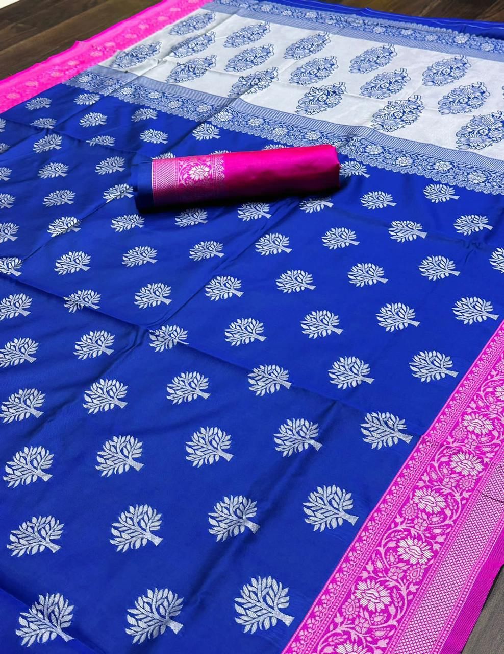 Royal Navy Blue Banarasi Silk Saree with Pink Contrast Border