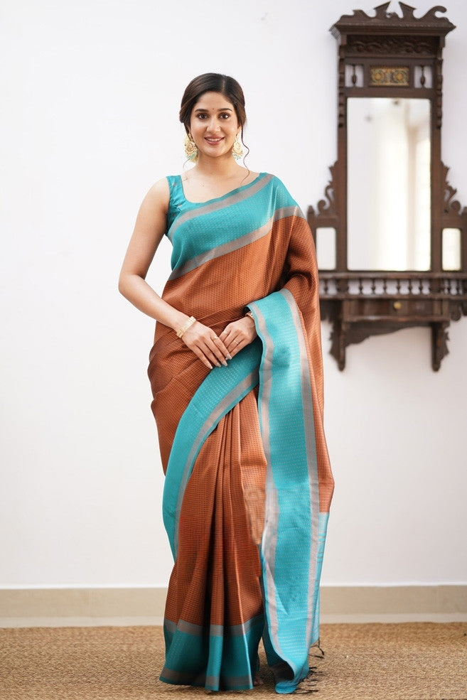 Coffee Brown & Aqua Blue Soft Silk Saree with Elegant Contrast Border