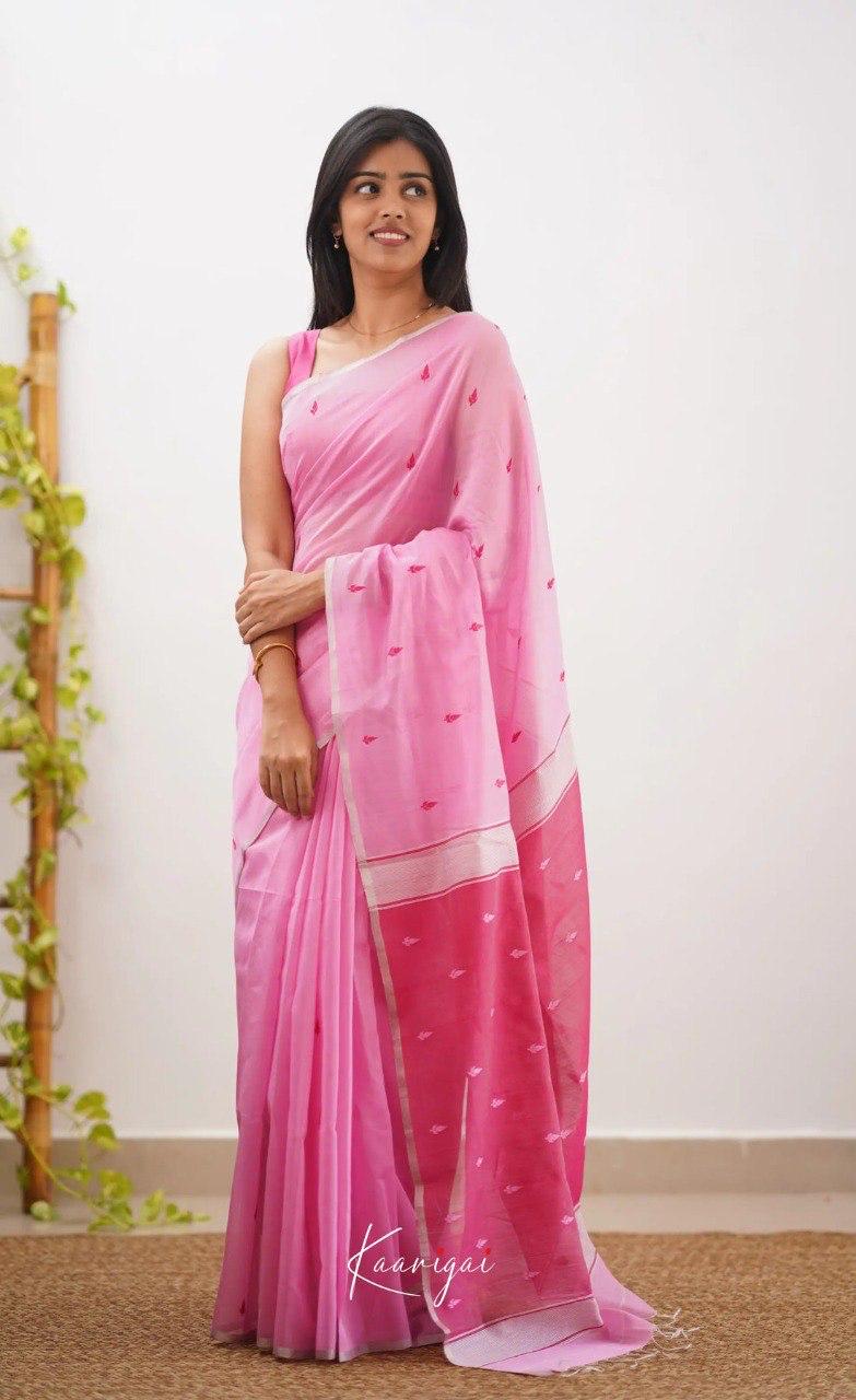 Women's Baby Pink Organza Saree with Delicate Embroidered Motifs & Elegant Border