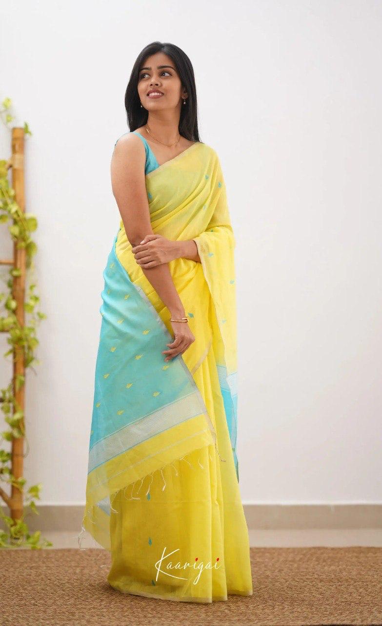 Women's Lemon Yellow Organza Saree with Sky Blue Contrast Pallu & Delicate Woven Motifs