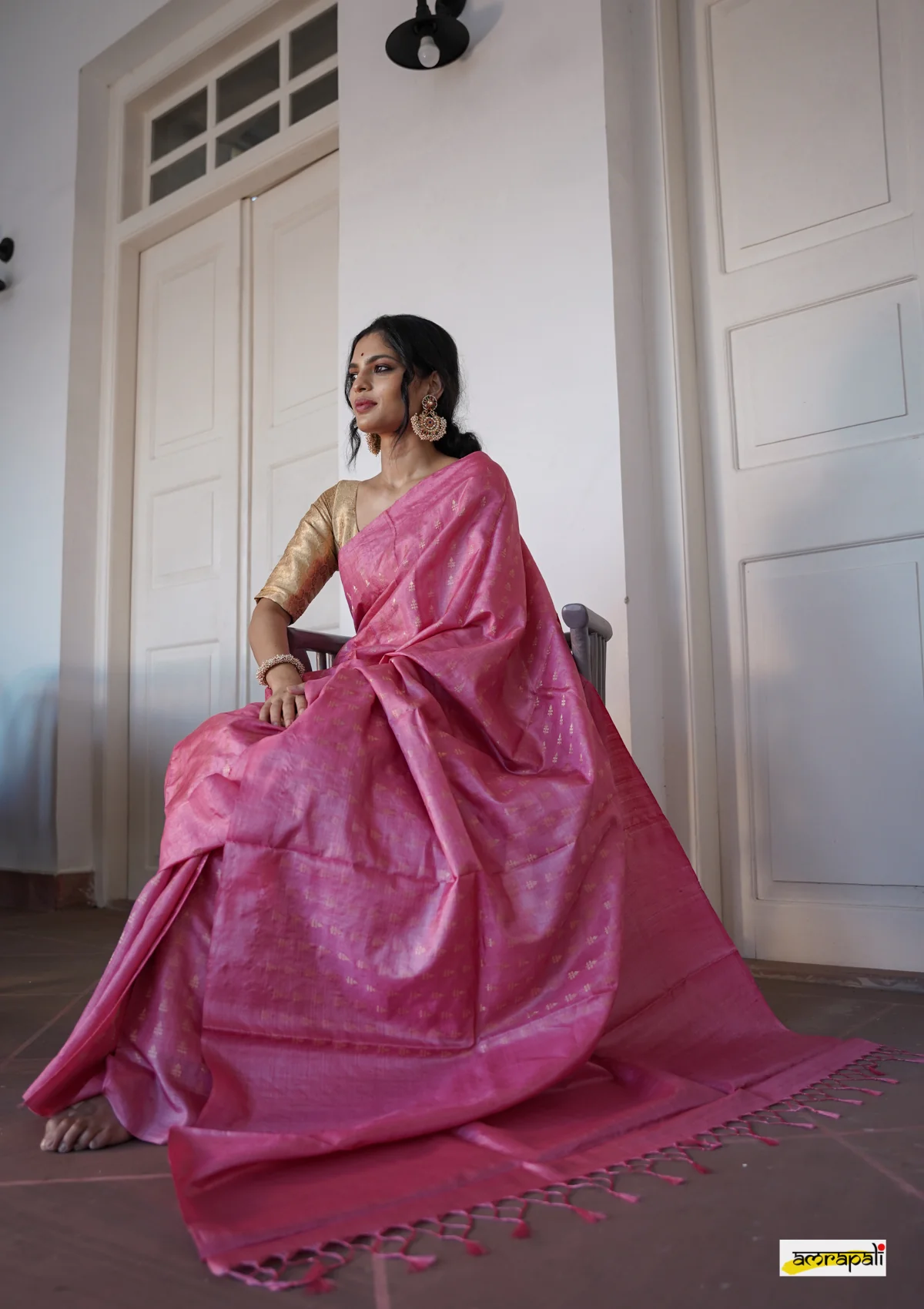 Women's Rose Pink Silk Blend Saree with Golden Woven Motifs & Designer Tassel Pallu