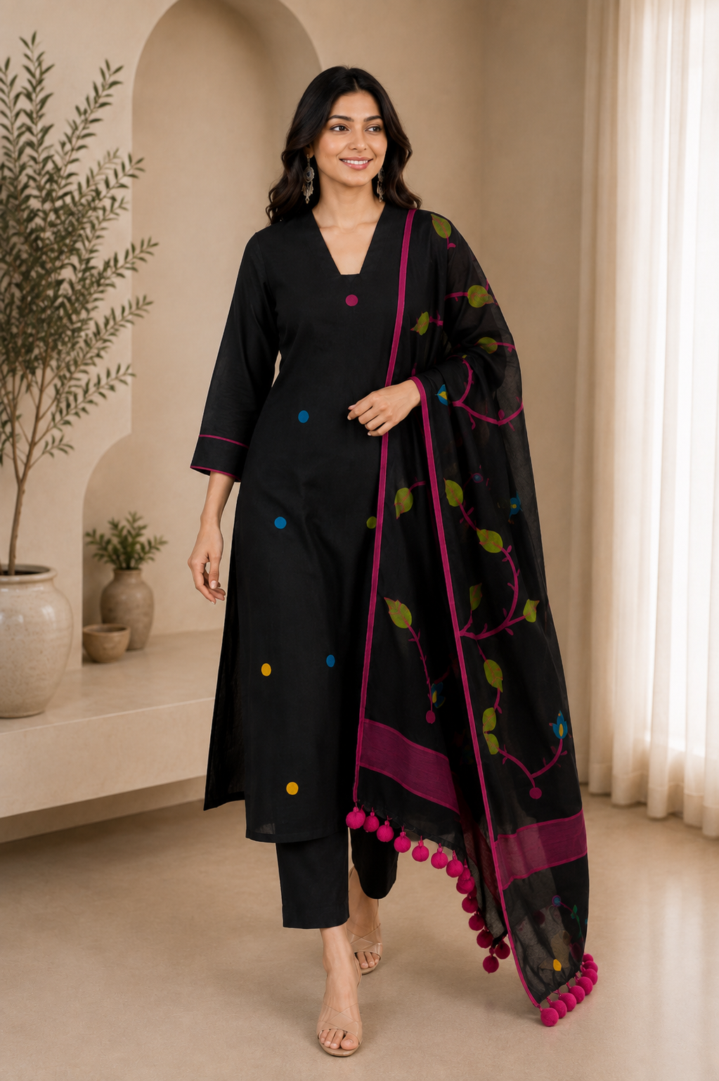 Black Printed Kurta Pant Set with Designer Dupatta