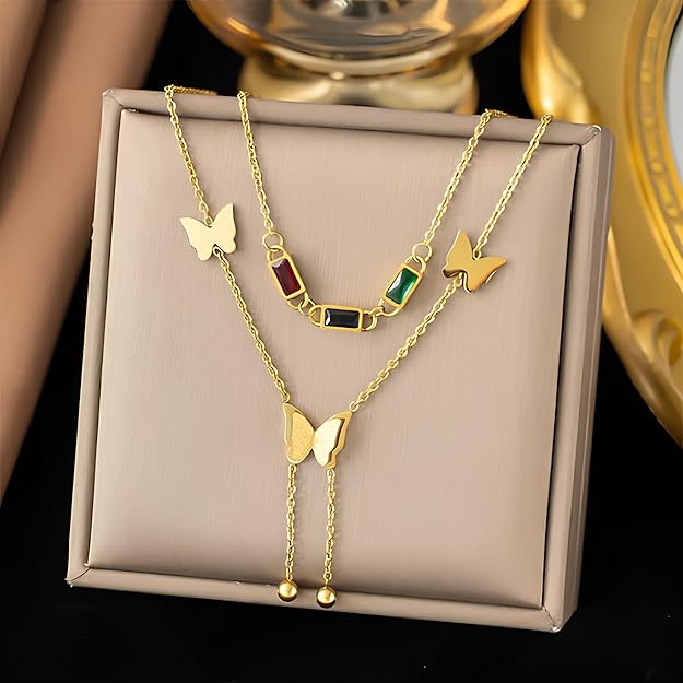 Rectangular Colourful Zircon Butterfly Tassel Penant Double Layer Collar Chain Zircon Gold-plated Plated Stainless Steel Necklace