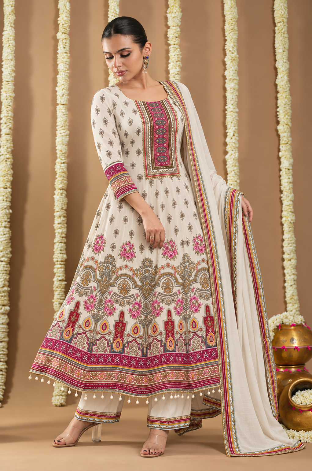 Cream Printed Anarkali Suit Set