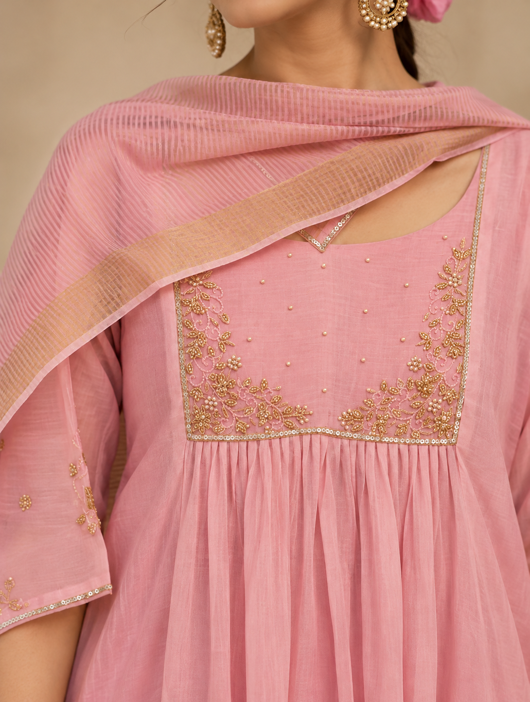 Blush Pink Embroidered Anarkali Suit Set with Matching Pant & Striped Dupatta