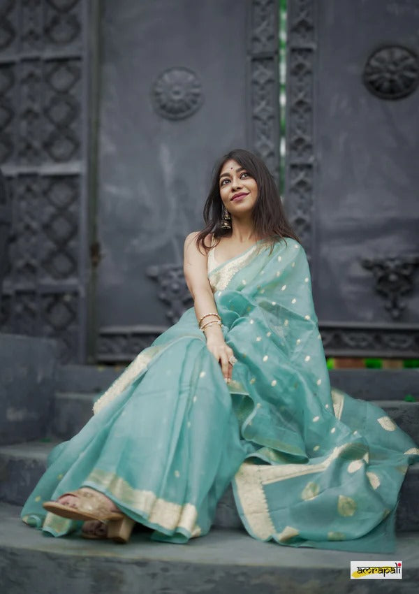 Women's Sea Green Silk Saree with Golden Zari Border