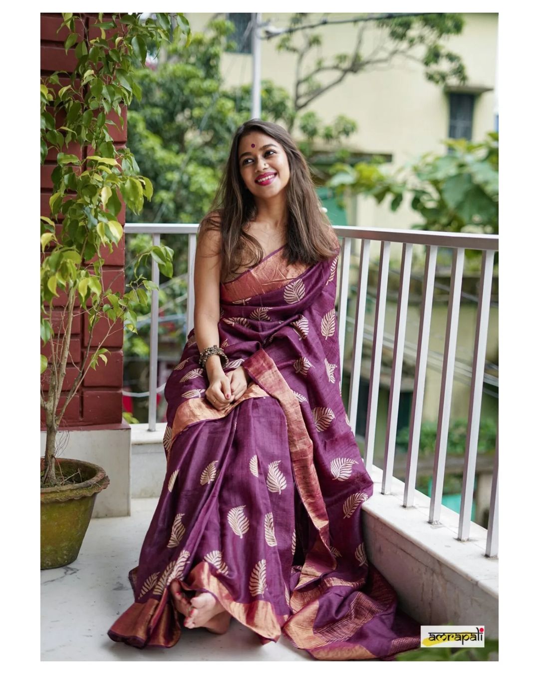 Women's Charcoal Wine Silk Saree with Golden Leaf Motifs