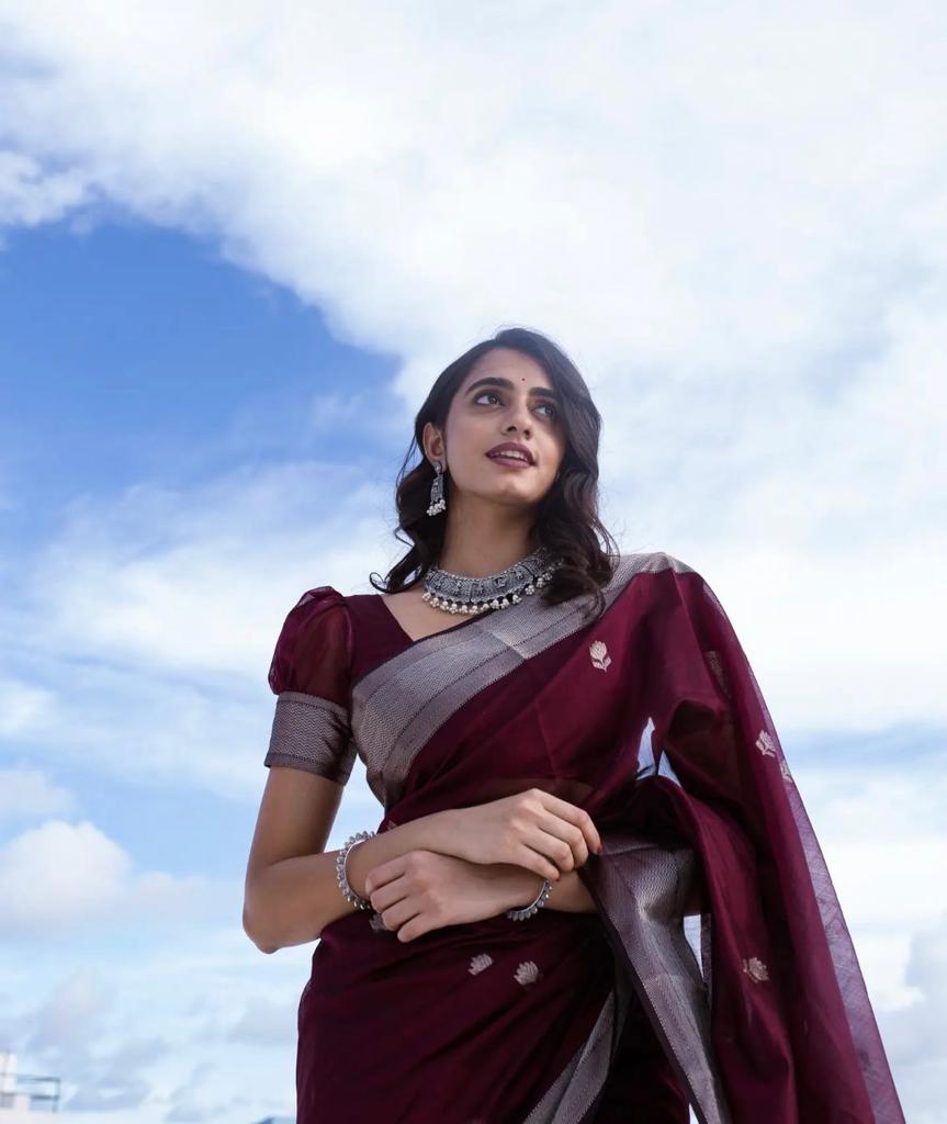 Women's Emerald Wine Saree with Silver Zari Border