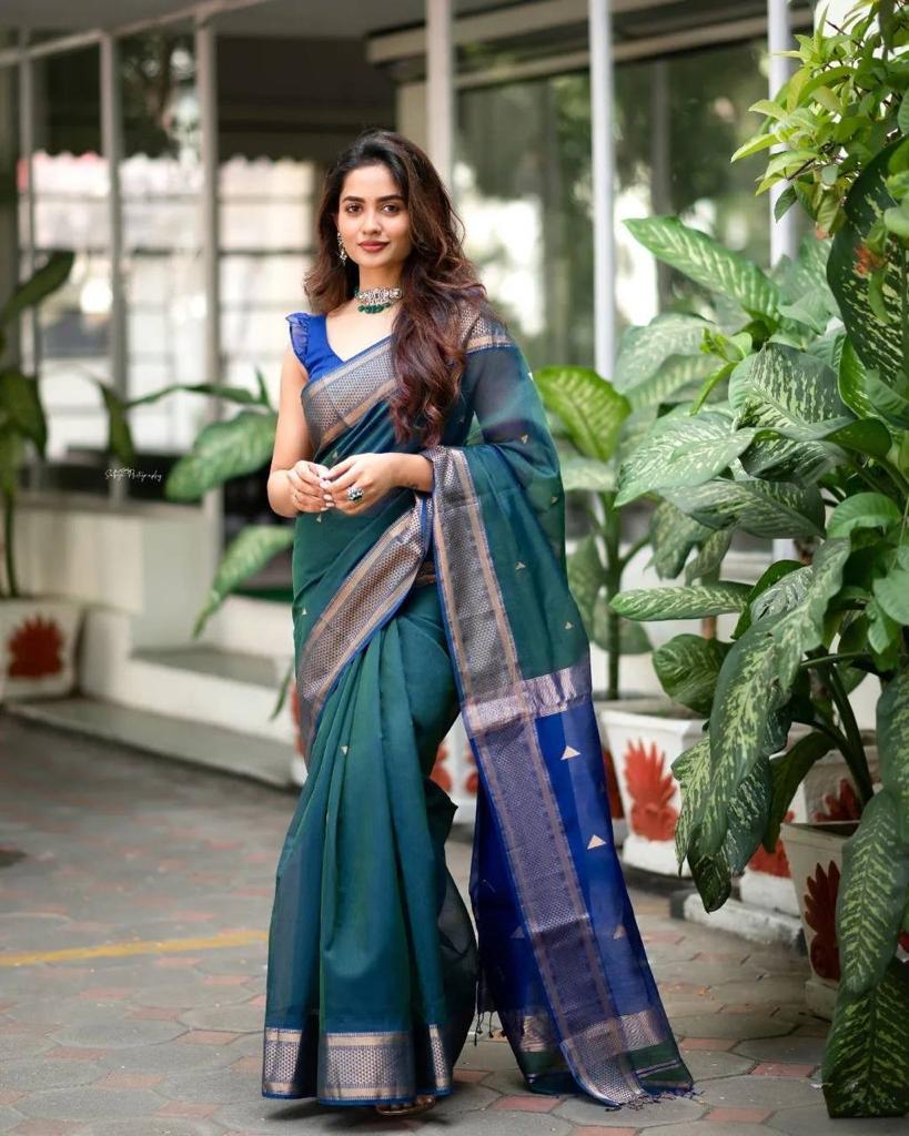 Teal Blue Kanjivaram Silk Saree with Royal Blue Zari Border