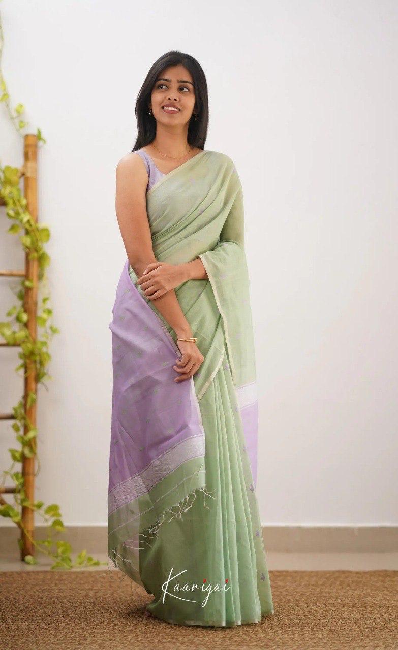 Women's Sage Green Organza Saree with Delicate Woven Motifs & Lavender Contrast Pallu