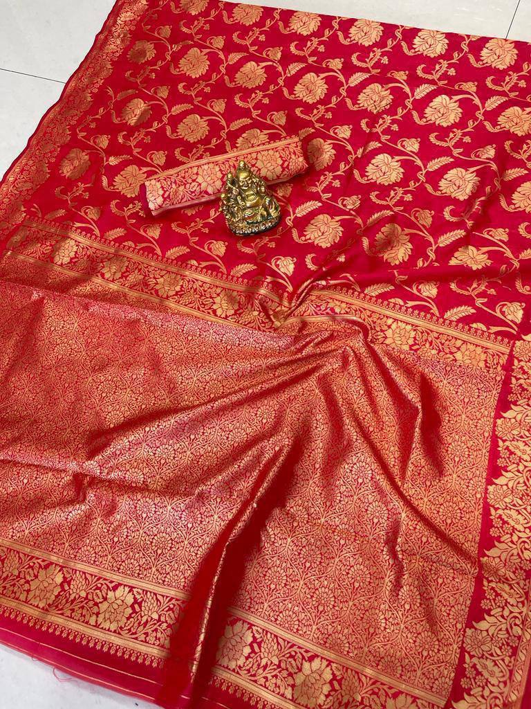 Women's Bridal Red Banarasi Silk Saree with Rich Golden Floral Zari Weaving