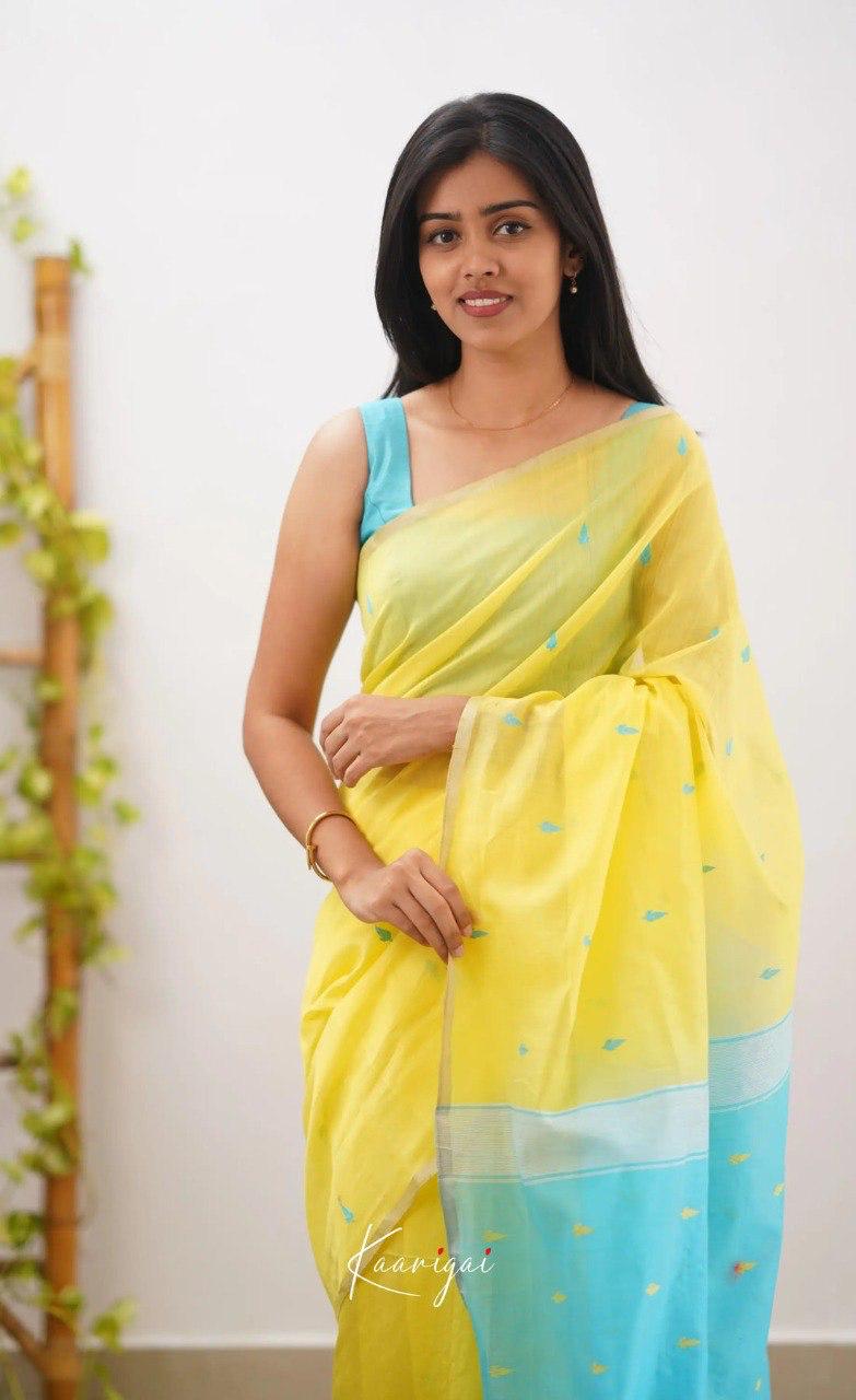 Women's Lemon Yellow Organza Saree with Sky Blue Contrast Pallu & Delicate Woven Motifs