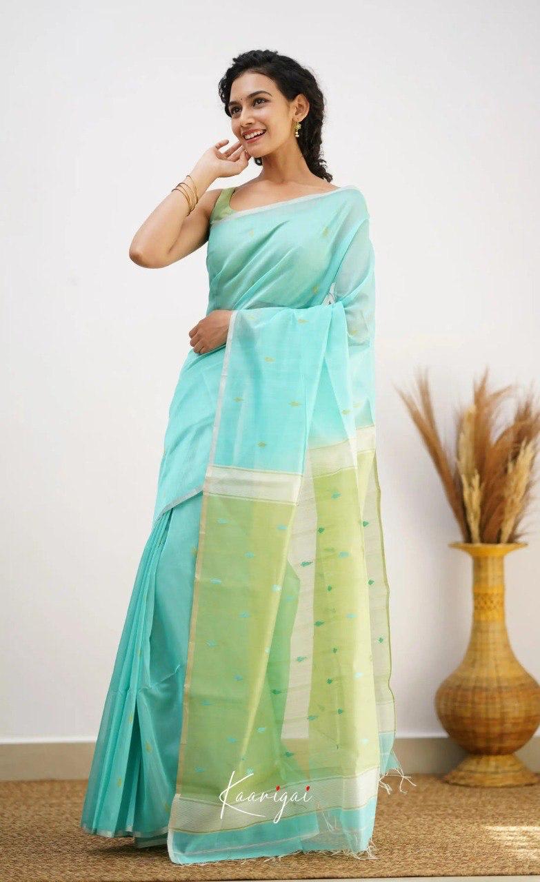 Women's Aqua Blue Organza Saree with Subtle Woven Motifs & Contrast Pastel Pallu
