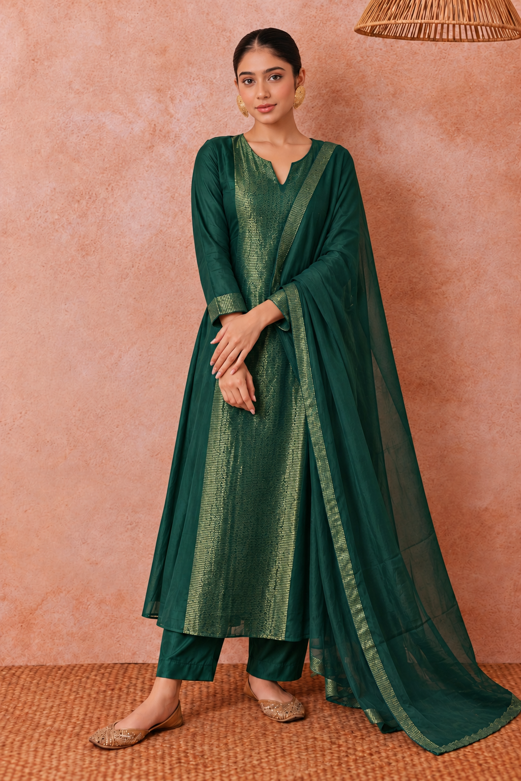 Green Gold Woven Kurta Set with Dupatta