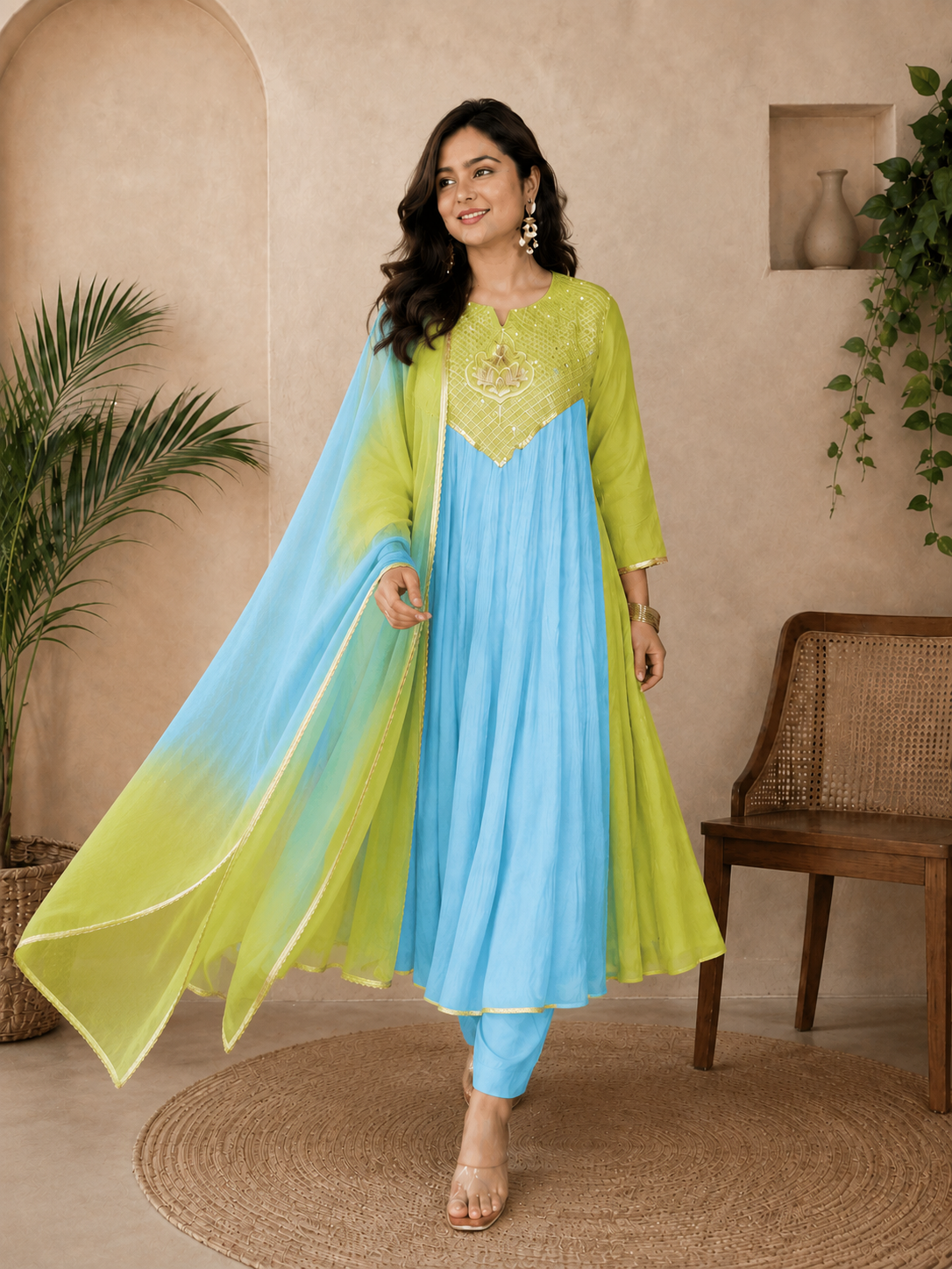 Sky Blue & Lime Green Embroidered Kurta Set with Dupatta for Women