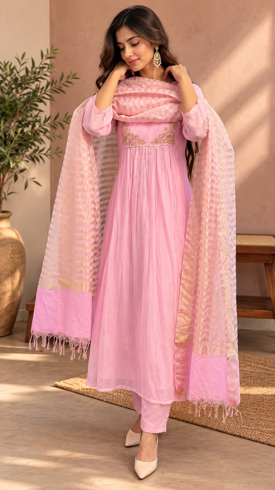 Blush Pink Embroidered Anarkali Suit Set with Matching Pant & Striped Dupatta
