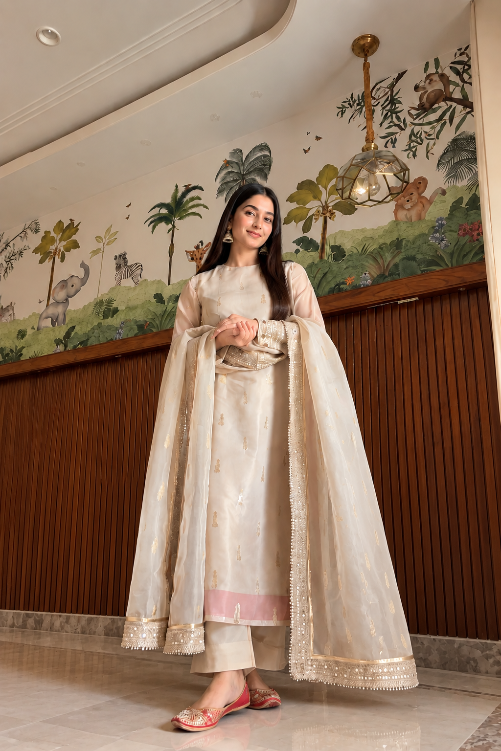 Ivory Gold Embroidered Straight Kurta Set with Dupatta for Women