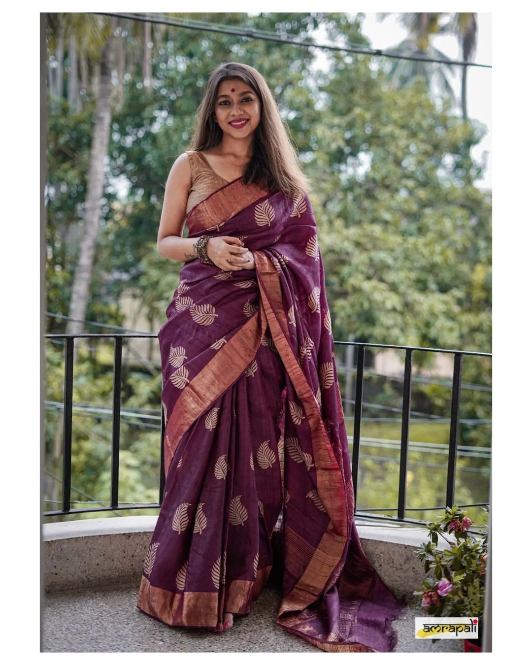 Women's Charcoal Wine Silk Saree with Golden Leaf Motifs