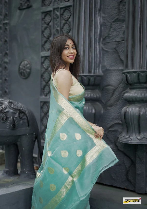Women's Sea Green Silk Saree with Golden Zari Border