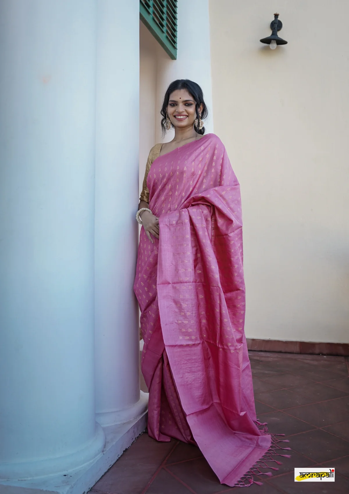 Women's Rose Pink Silk Blend Saree with Golden Woven Motifs & Designer Tassel Pallu