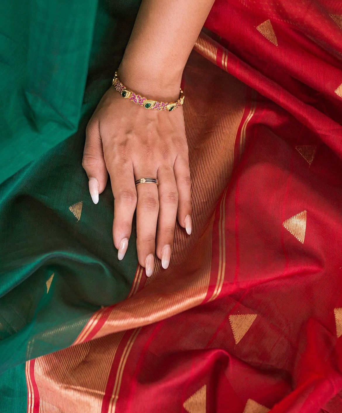 Emerald Green & Red Kanjivaram Silk Saree with Rich Golden Zari Border