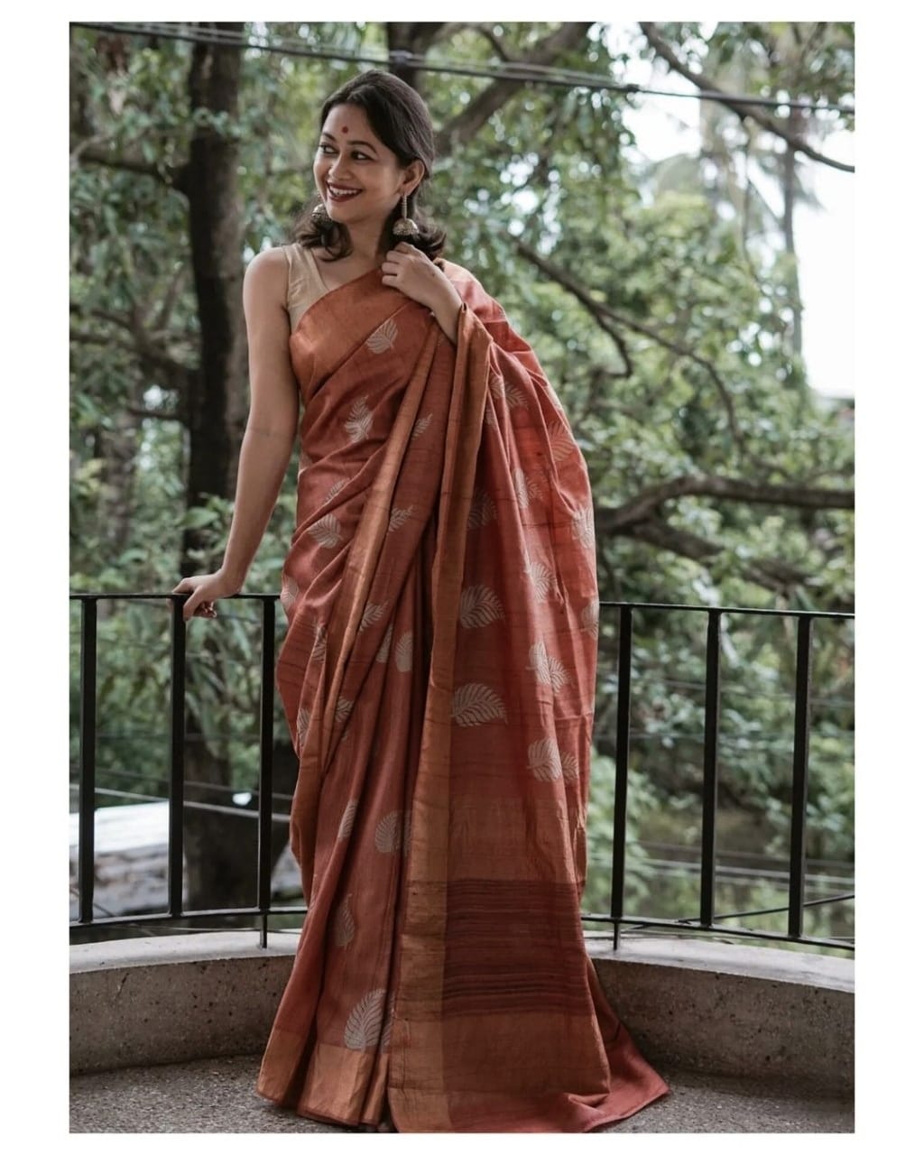 Women's Copper Brown Silk Saree with Golden Leaf Motifs