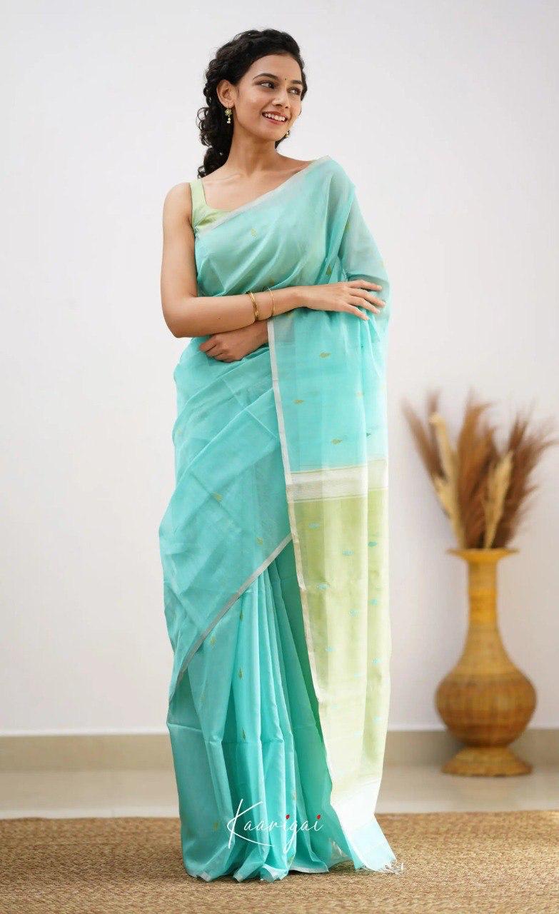 Women's Aqua Blue Organza Saree with Subtle Woven Motifs & Contrast Pastel Pallu