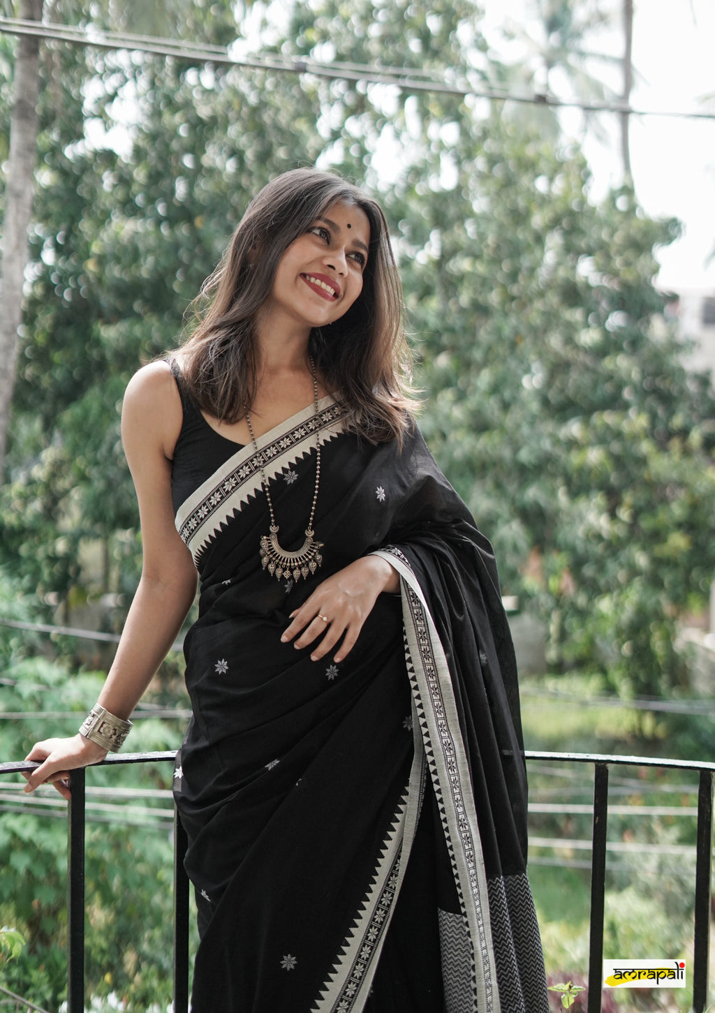 Women's Black Saree with White Traditional Border