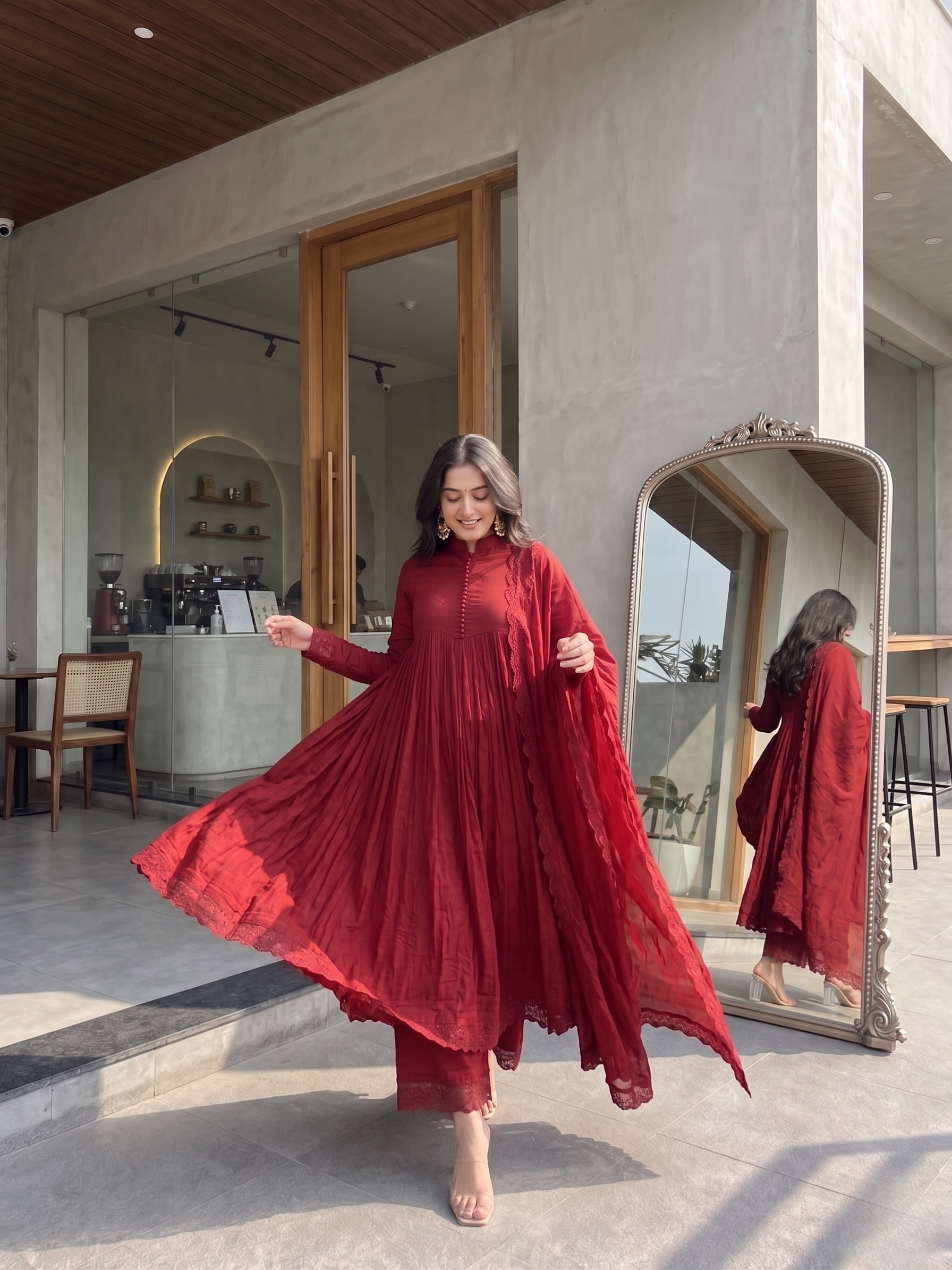 Elegant Wine Red Anarkali Suit Set with Dupatta