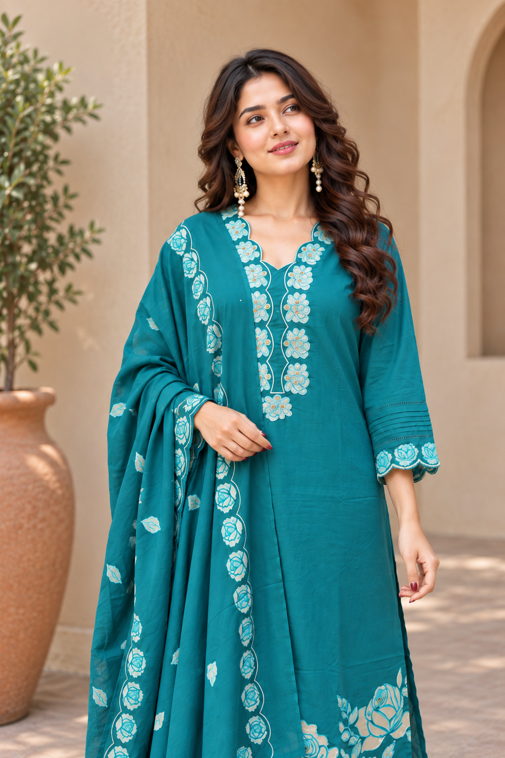 Teal Floral Embroidered Straight Kurta Set with Dupatta